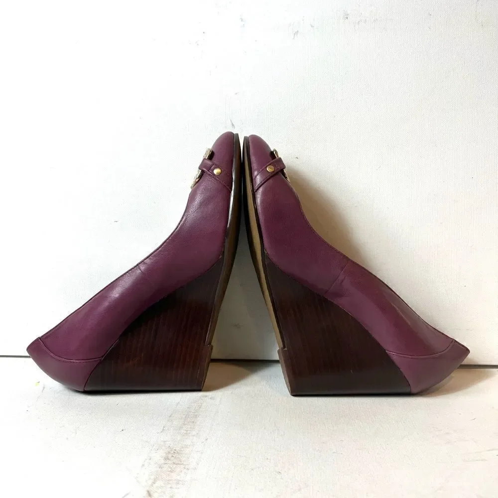 Falchi Womens Classic Wedge Pump High Heels Shoes Mauve Leather Slip On Size 9.5